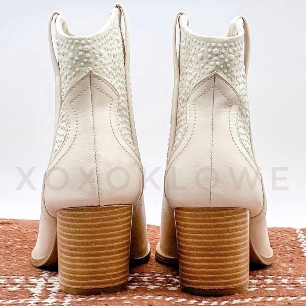 Qupid Cream Pearl Cowboy Boots | Western Glam Ankle Boot | Faux Leather - Picture 12 of 14